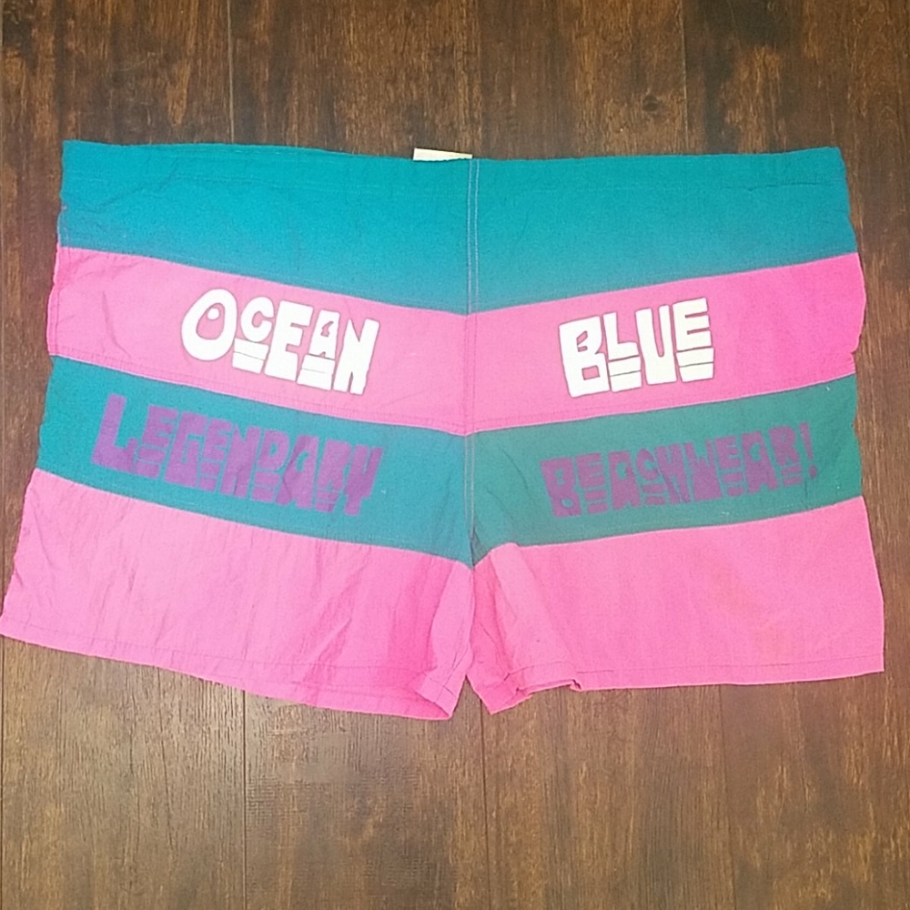 Vintage OCEAN BLUE neon colorblock swim trunks Drawstring Waist surf shorts 3X